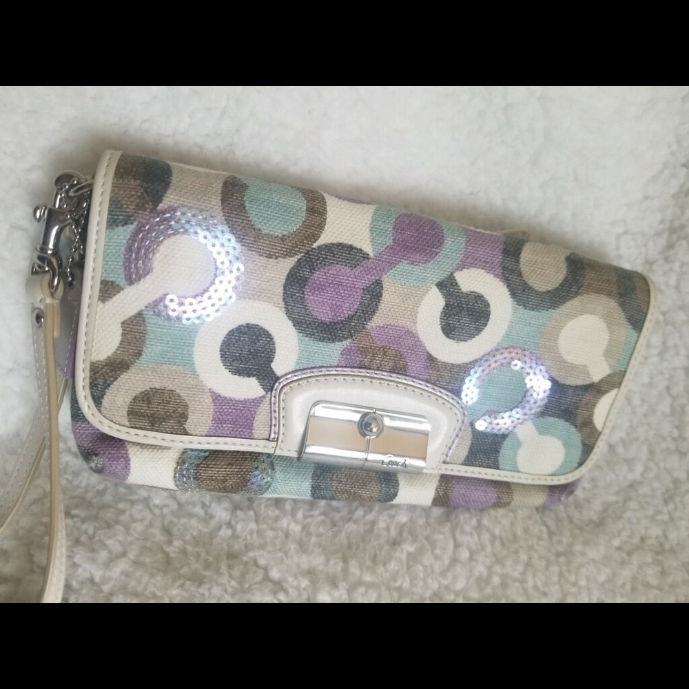 sequin accented COACH wristlet